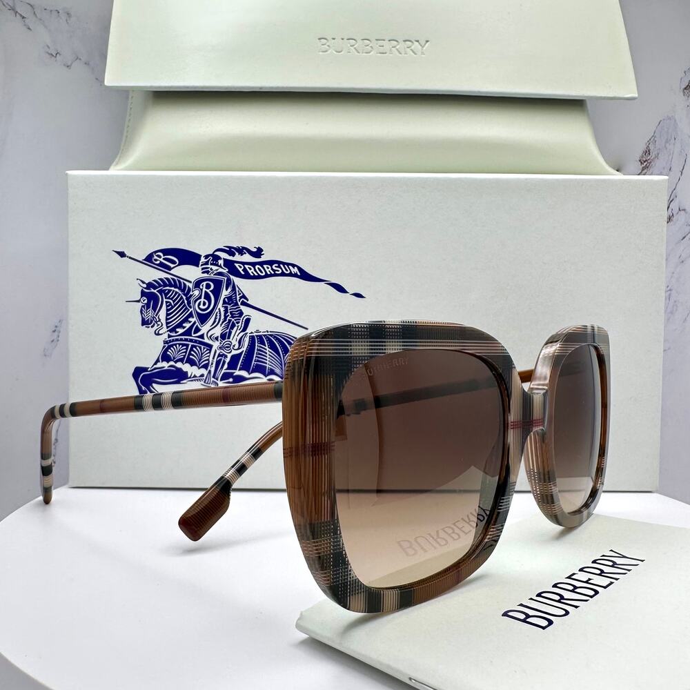 New Burberry Sunglasses Brown Check Square Frames Gradient Lens w/ Case BURBERRY - Picture 1 of 16
